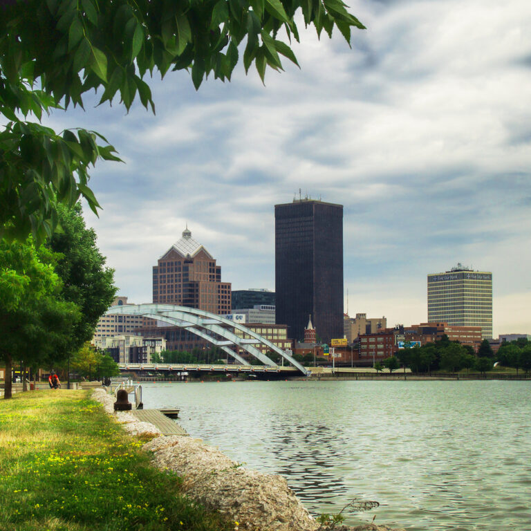 View of downtown Rochester, NY.from the Genesee River bank